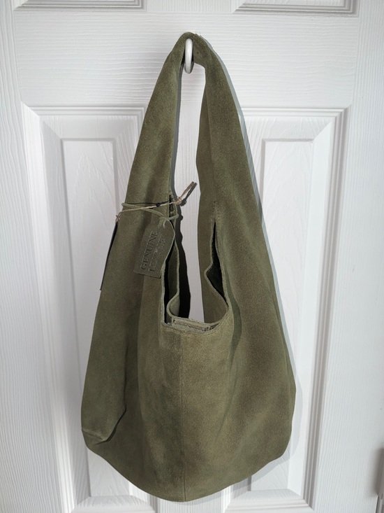 Handbags - Olive Suede Hobo Bag with Wide Shoulder Strap